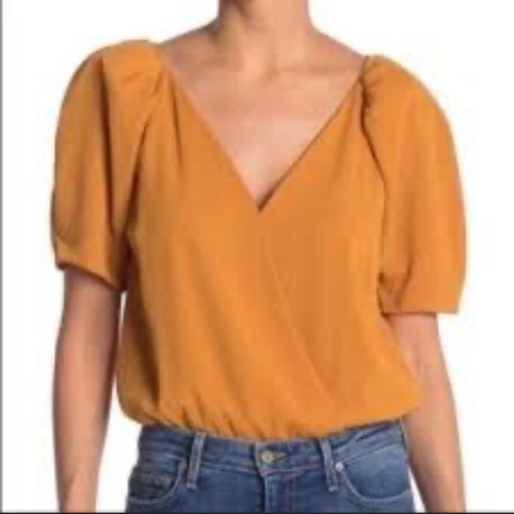 ASTR the label REVOLVE puff sleeves bodysuit top v neck double V wrap mustard
